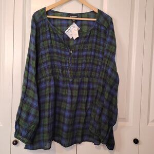 LaneBryant Women's Forest Green Blue Plaid Long Sleeve Basic Blouse Size 26/28